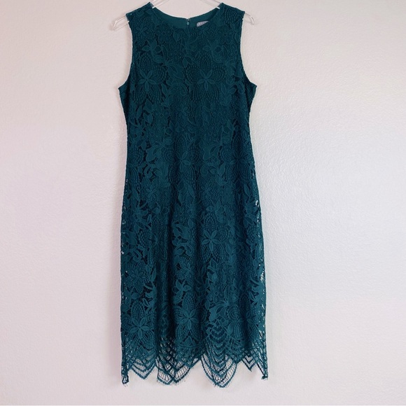 Sharagano Emerald Green Lace Overlay Sleeveless Midi Dress Size 12 - Picture 2 of 9